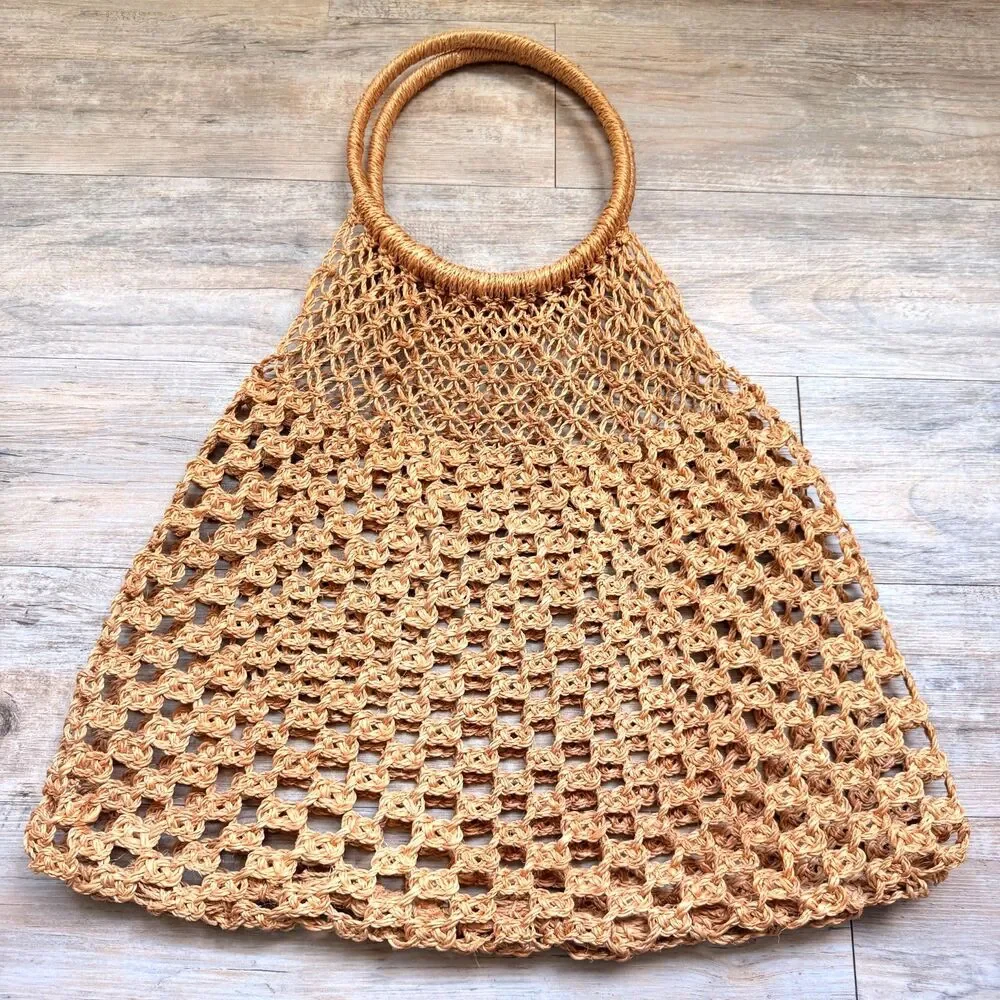 Vintage 1970s Macrame Market Bag Boho Jute Crochet Net Shopper Beach Tote Hippie